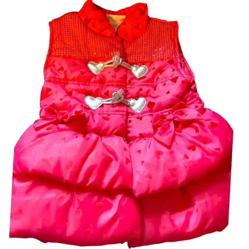Little Lass girl's hot pink hearts bows ruffles full‎ zip puffer vest sz 5